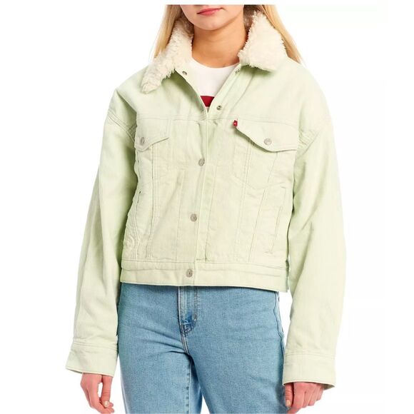 Levi's $108 Corduroy Sherpa trucker Jacket green women's 1X NEW - Picture 1 of 7